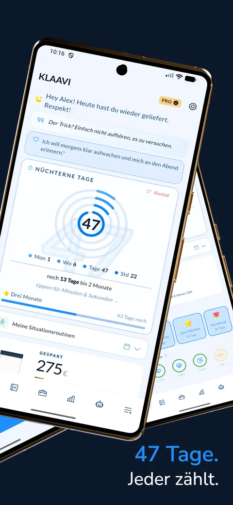 OONVAA Homescreen mit Nüchternheits-Timer und Meilensteinen